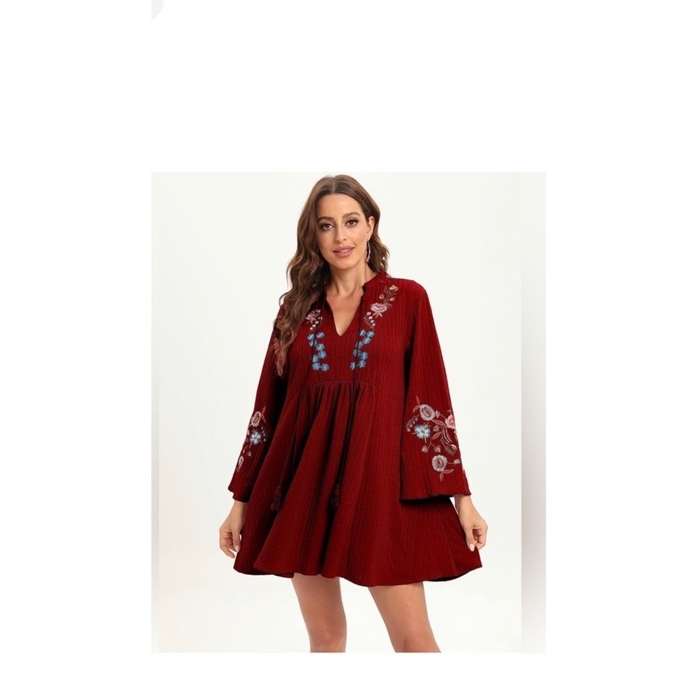 Boho Red Floral Embroidered Bell Sleeve Babydoll Dress Small Autumn wedding
